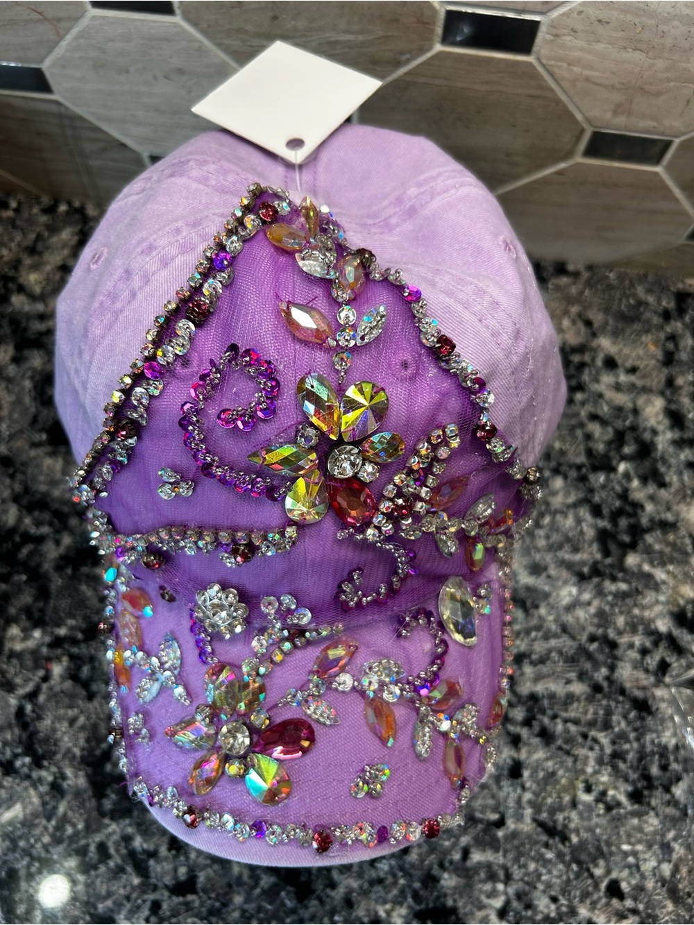 OOAK Bling Rhinestone Lavender Baseball Cap Handcrafted Festival Glam Hat - Picture 3 of 9